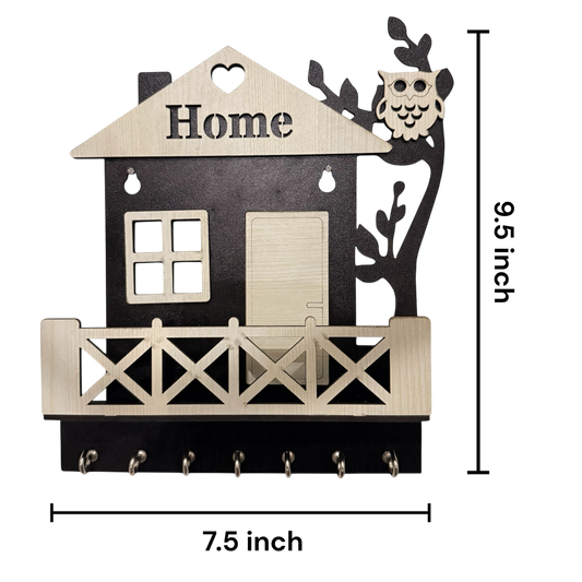 Pine Wood Key Holder with “Home” Text & Owl Design